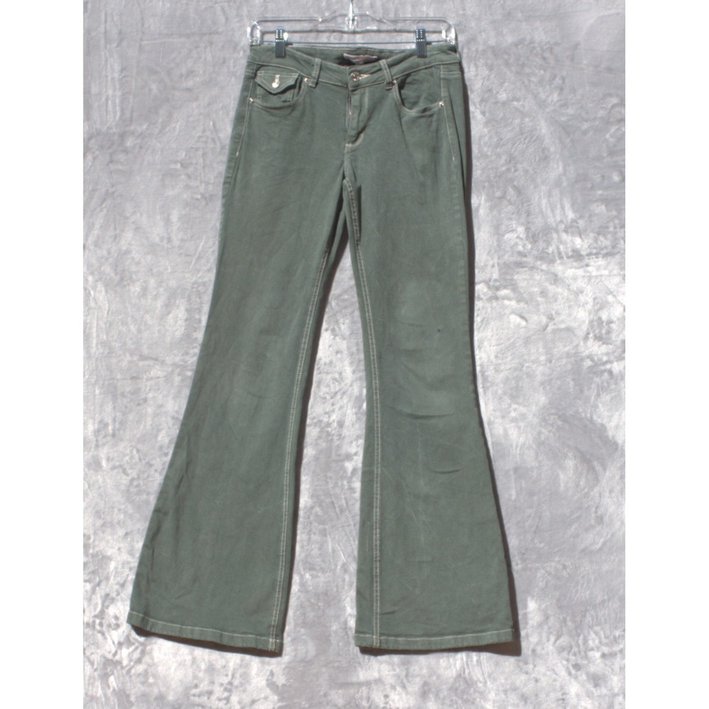 Garage Denim Women 05 Olive Green Low Rise Flare Jeans Contrast Stitch Y2K